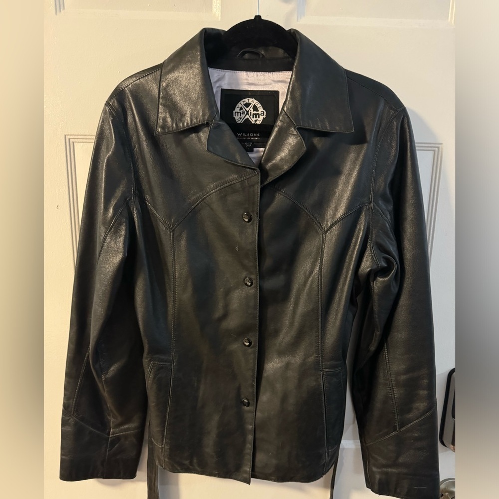 Wilsons Leather Vintage 90s Maxima Jacket Tie Belt Cinch Waist Button Up Collar - Picture 14 of 16